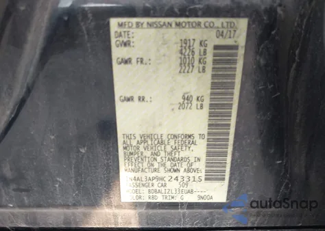 2017 Nissan Altima 2.5 Sv из США, поврежденный, VIN 1N4AL3AP9HC243315